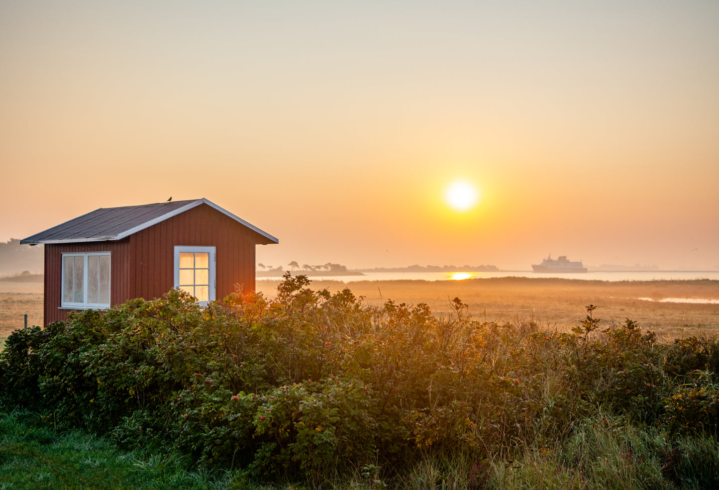 Et rød badehuse omkranset af morgendis o ghybenbuskads med smuk solopgang i baggrunden og Ærøfærgen der glider frem på havet i baggrunden fra Ærøskøbing Havn