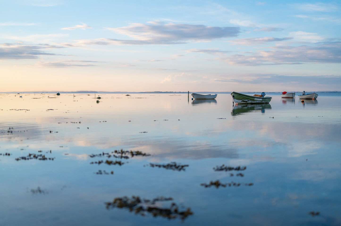 Et billede taget lavt ved helt stille vand som reflekterer de blå nuancer fra den blå time fra himlen. 4 små joller til højre i billedet