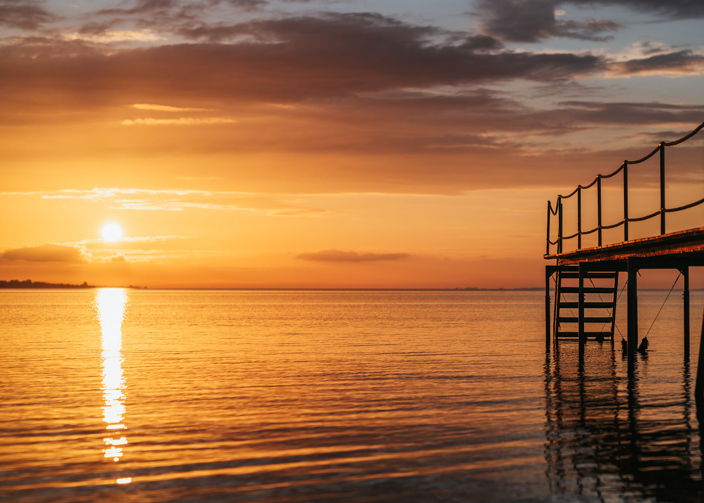 gyldent lys der spreder sig og reflekteres i vandet under badebroen på den ærøske strand